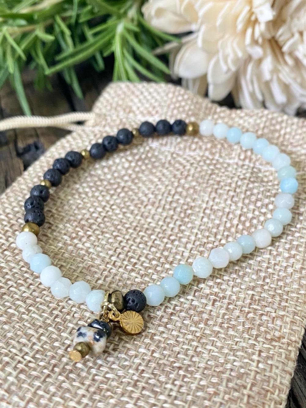 Tiny Beaded Amazonite Stone & Lava Rock Stretch Bracelet with Charm